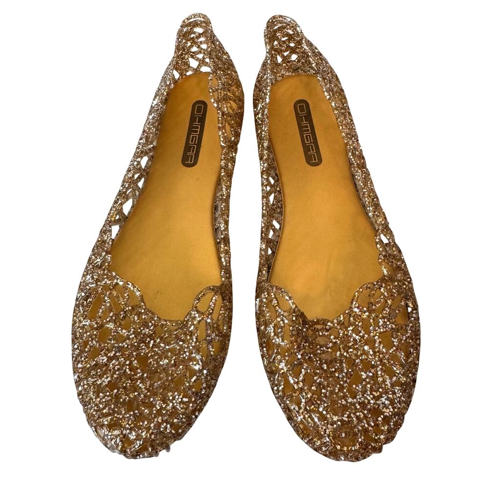 Ballet Flats Slip On Shoes Women’s 7.5 Gold Glitter Jelly Retro Y2K boho